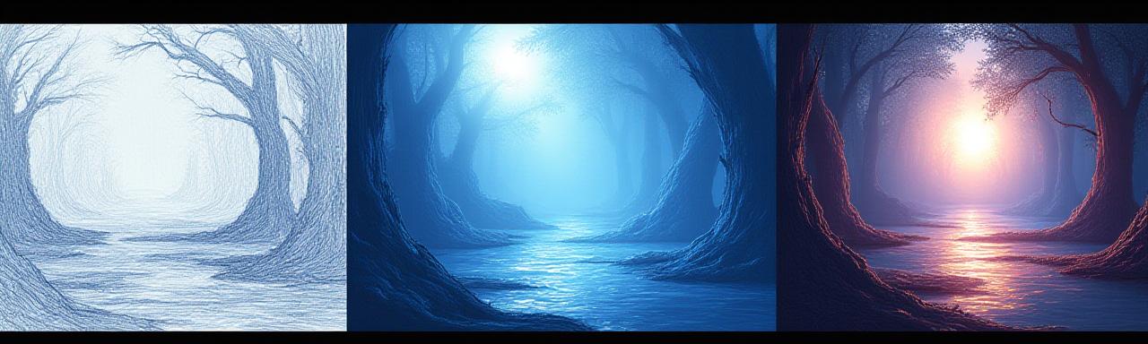 Graphic showing the progression from sketch to finished digital painting