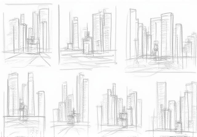 Initial rough sketches of a cyber-noir city