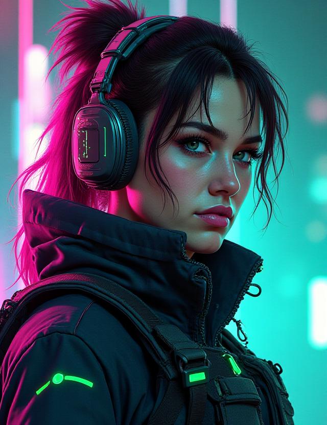 Stunning digital portrait of a cyber-punk character with neon highlights