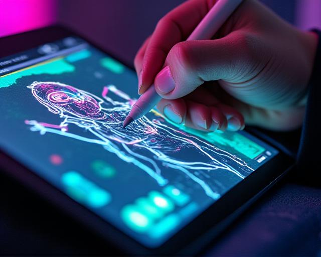 Close up of a digital artist working on a neon-lit character design