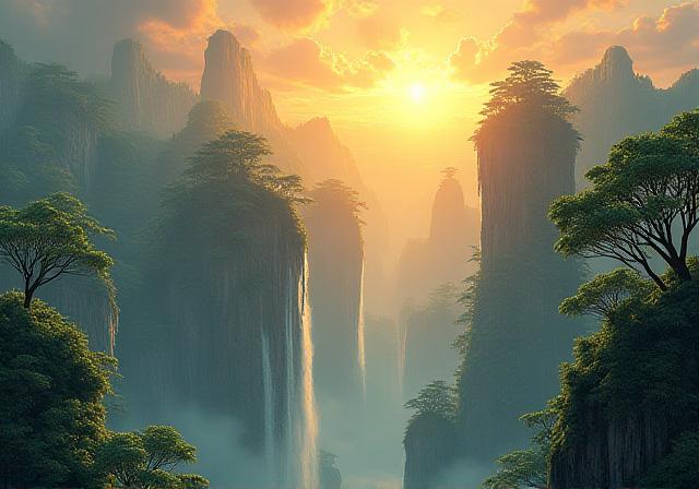 Ethereal fantasy landscape with floating islands and bioluminescent flora