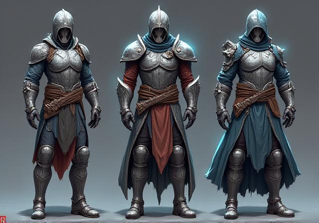 Series of character turnaround sheets showing diverse armor designs