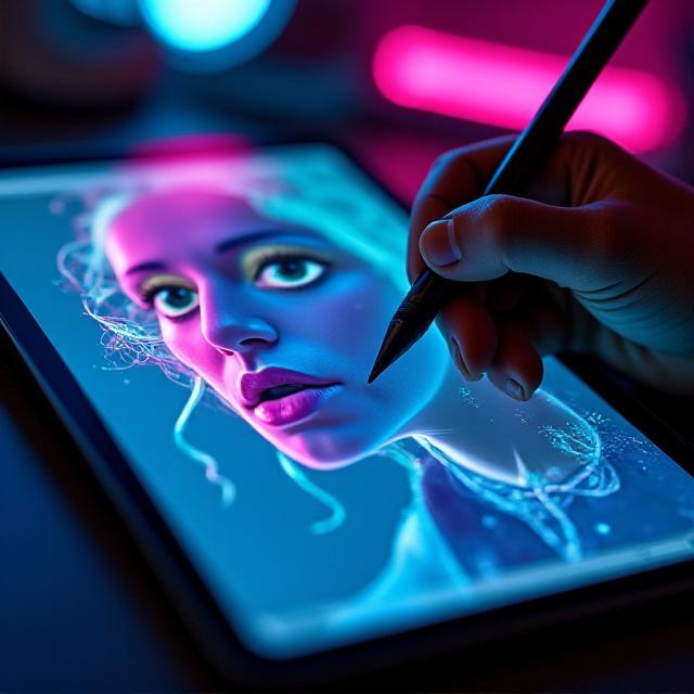 Digital artist using Procreate on an iPad in a moody lit studio