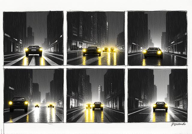 High-contrast storyboard sequence for an action film scene